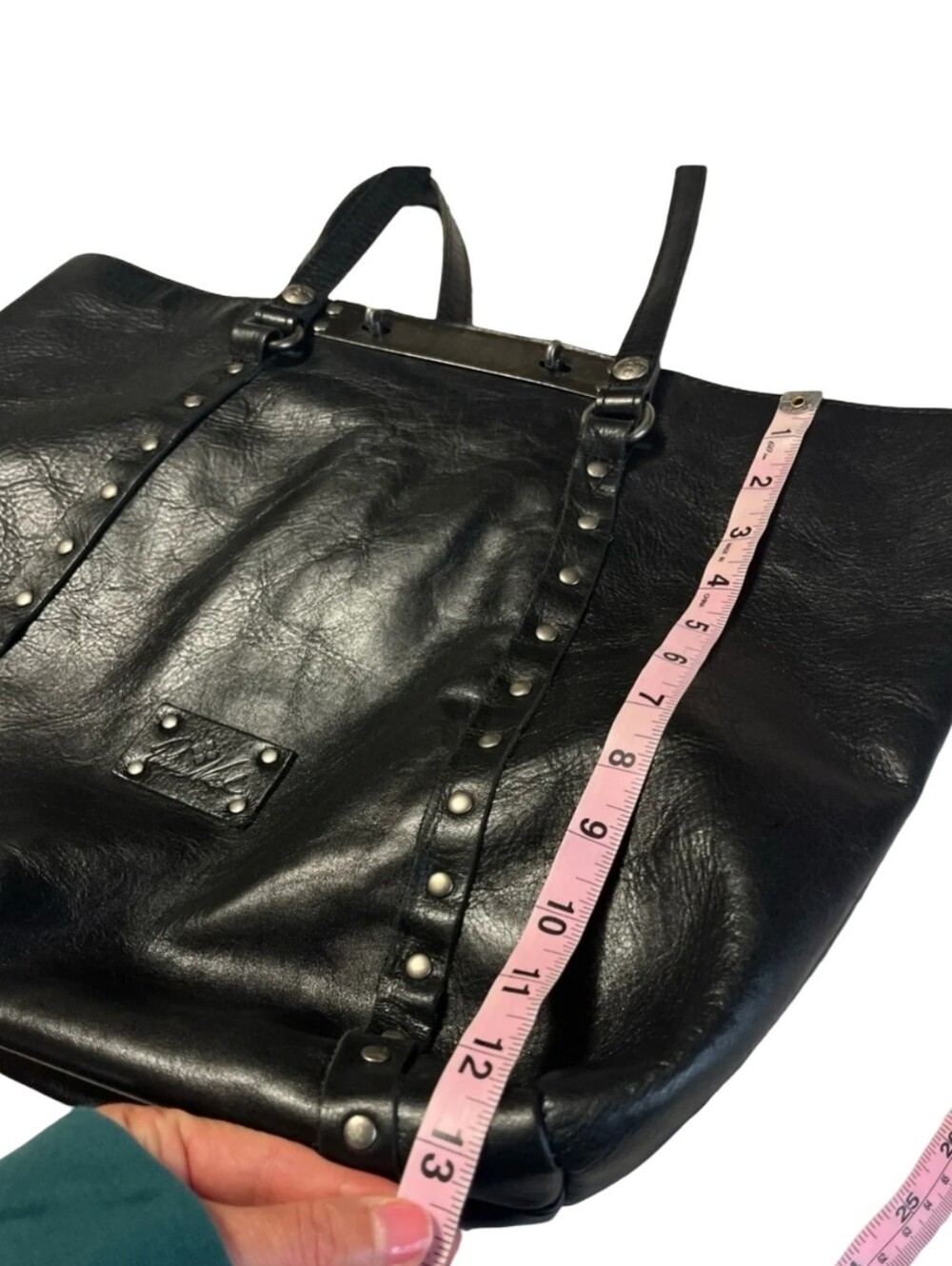 Patricia Nash Black Leather Studded Tote Bag Silver Hardware Metal Bar Detail - Picture 3 of 14